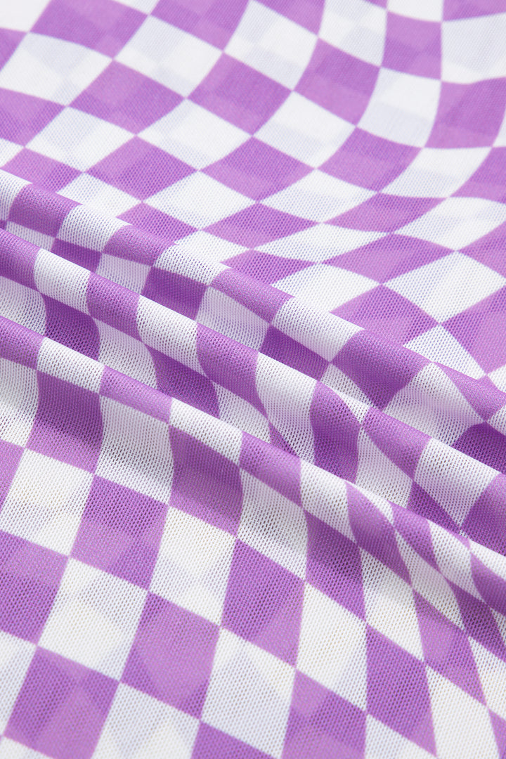Purple Checkered Print Mock Neck Mesh T Shirt
