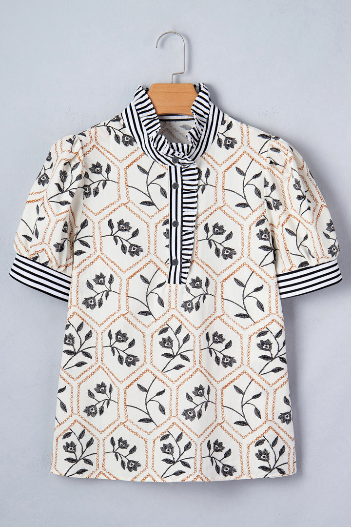 White Floral Print Striped Patchwork Button Neck Short Sleeve Blouse