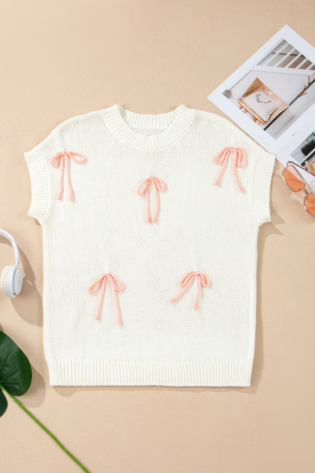 White Short Sleeve Knit Contrast Bow Knot Loose Sweater