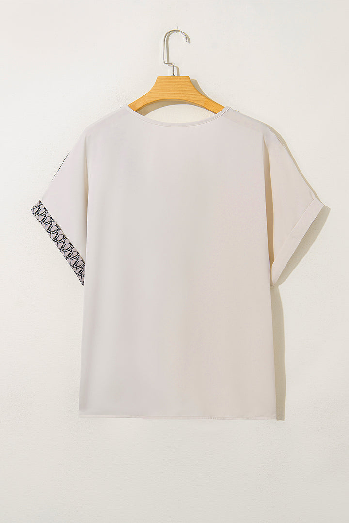Oatmeal Contrast Geometric Print Patchwork V Neck Short Sleeve Plus Size Top