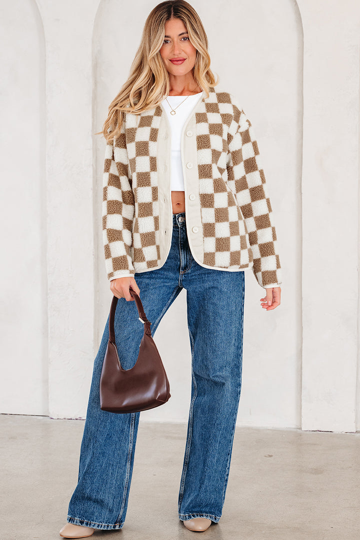 Brown Checkered Sherpa Buttoned Front Chunky Jacket