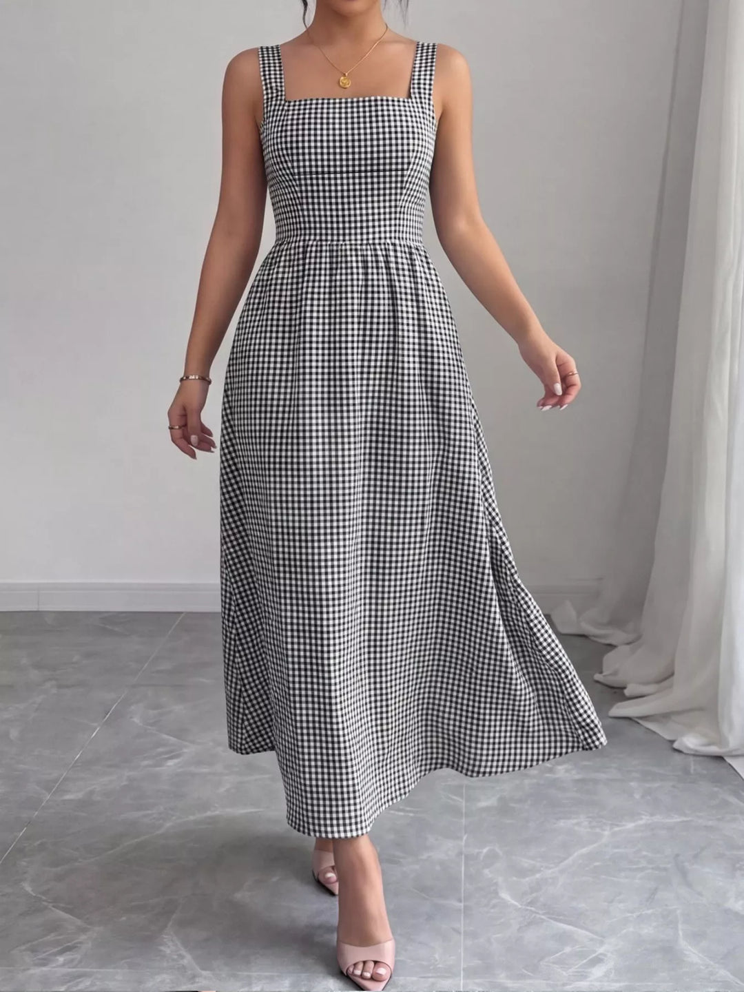 Square Neck Gingham Midi Dress