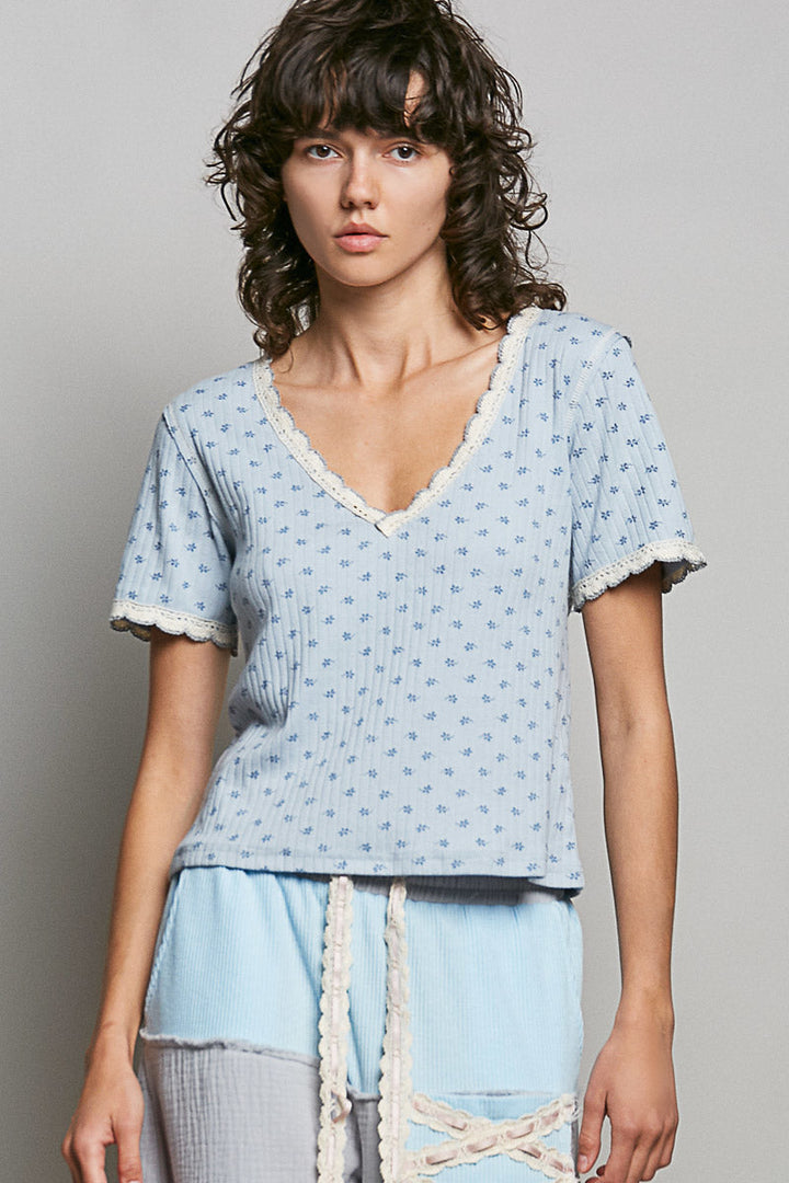 POL Floral V-Neck Short Sleeve Rib T-Shirt