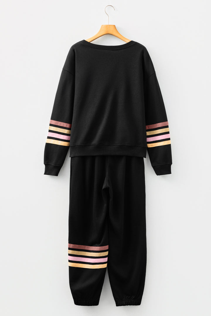 Black Striped Drop Shoulder Round Neck Pullover and Jogger Pants Active Outfit