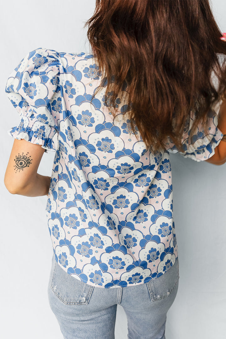 Sky Blue Floral Print Flounced Short Sleeve Contrast Trim V Neck Blouse