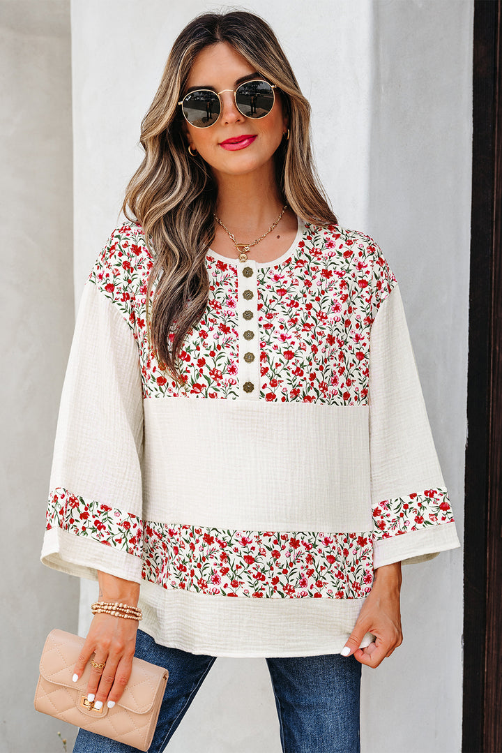 Red Floral Print Gauze Patchwork Henley Button 3/4 Sleeve Blouse