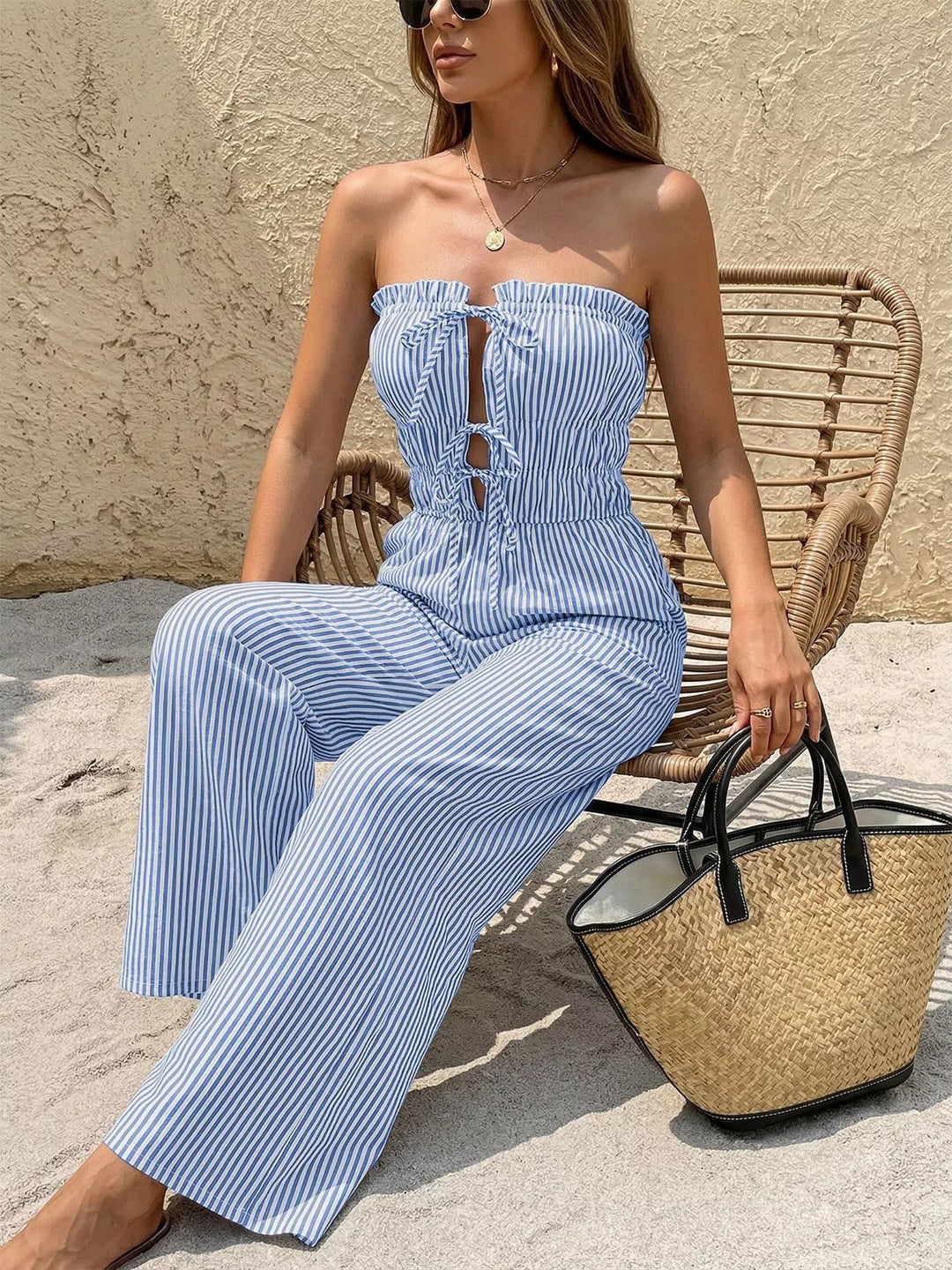 Striped Strapless Tie Front Wide Leg Jumpsuit
