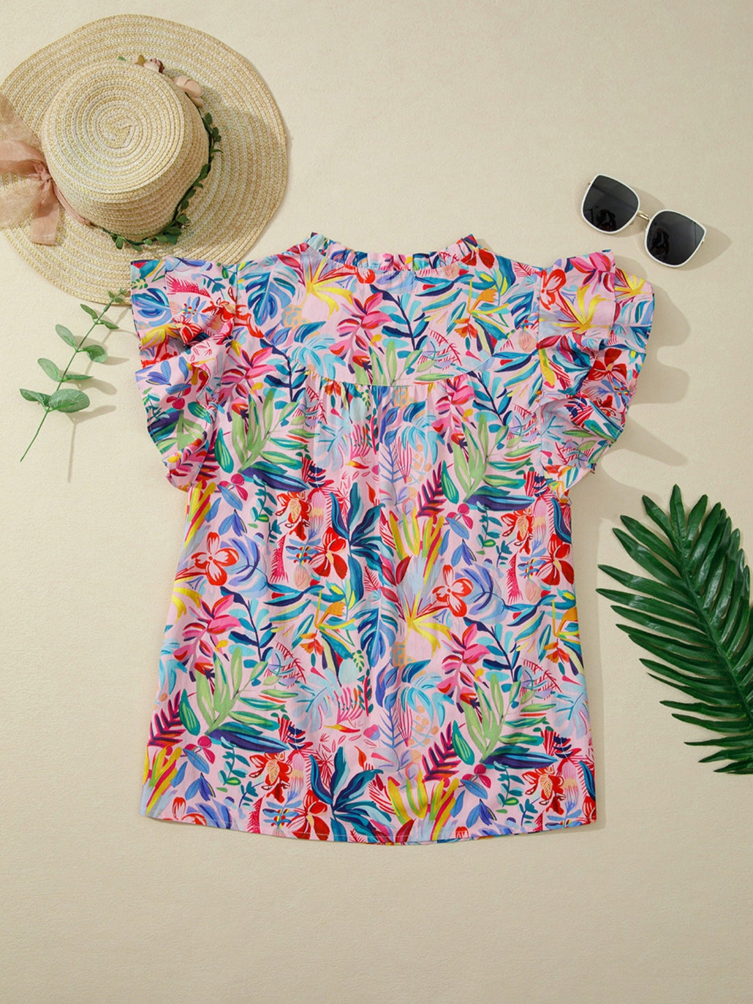 Tropical Floral Print Frilly Notched Neck Ruffled Short Sleeve Blouse