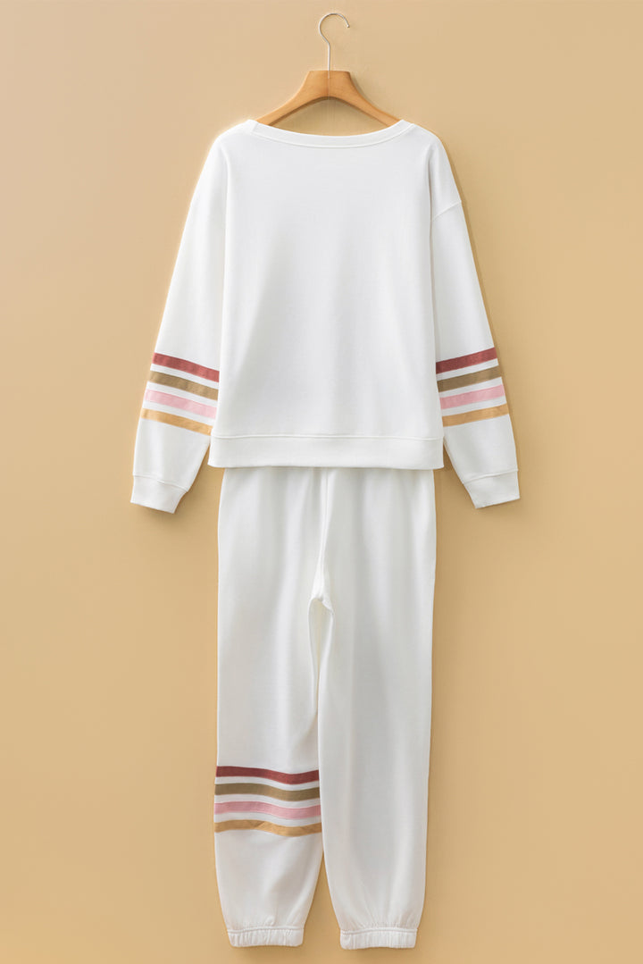 Beige Striped Drop Shoulder Round Neck Pullover and Jogger Pants Active Outfit