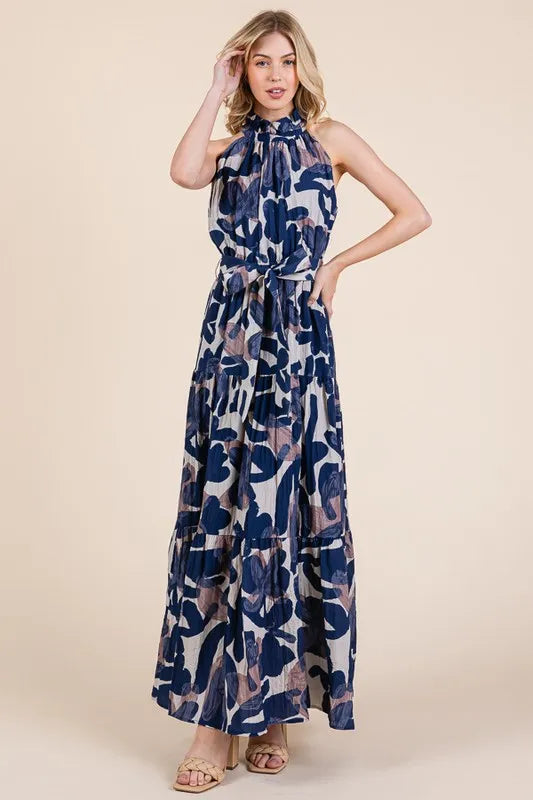 Lime 'N' Chili Abstract Halter Neck Tie-Waist Tiered Maxi Dress