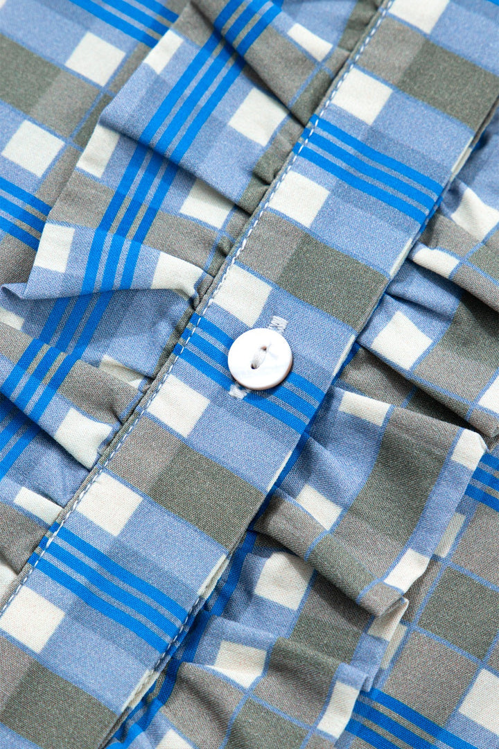 Plaid Long Sleeve Frilled Detail Half Button Blouse