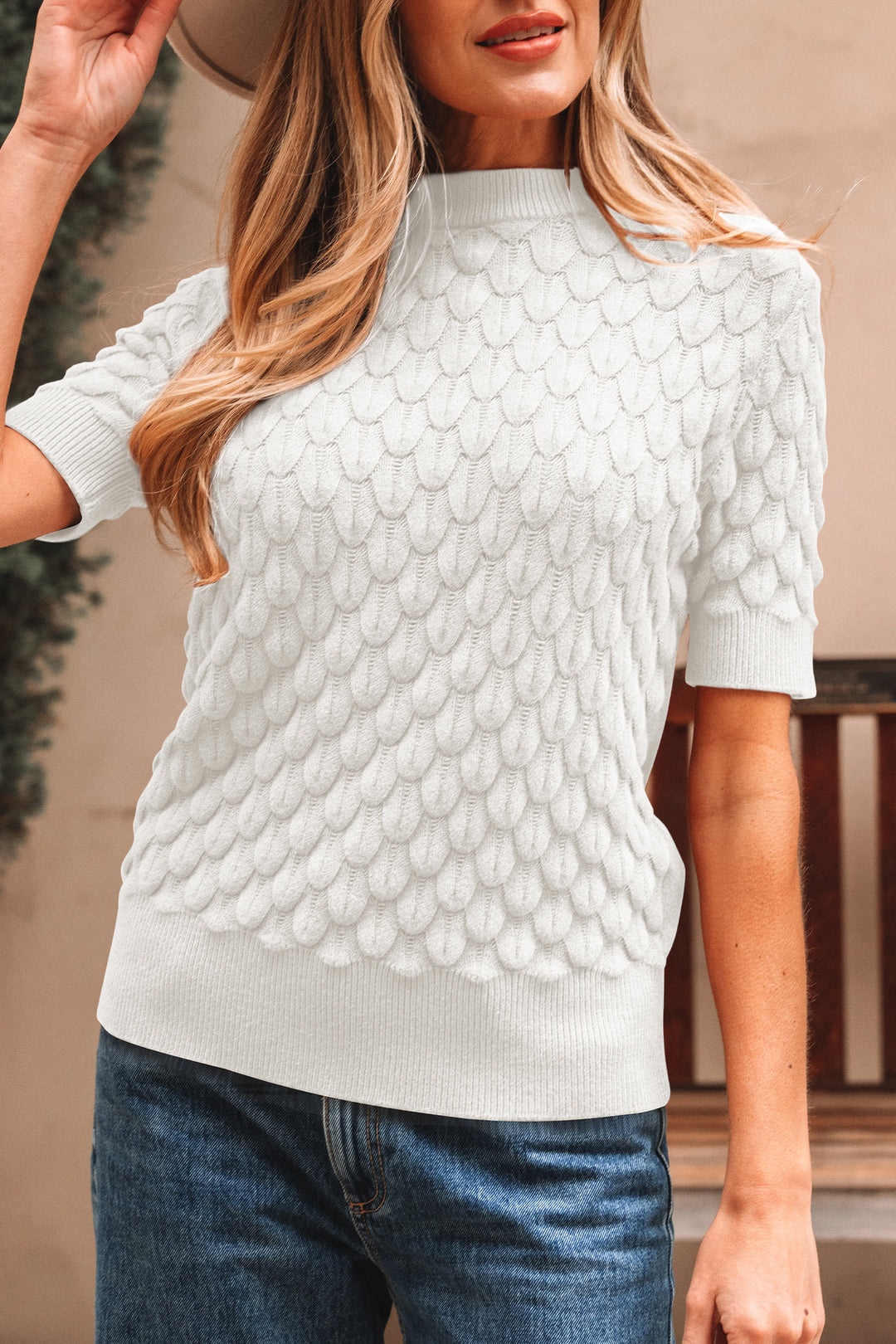 White Fish Scale Textured Knit Ribbed High Neck Short Sleeve Sweater