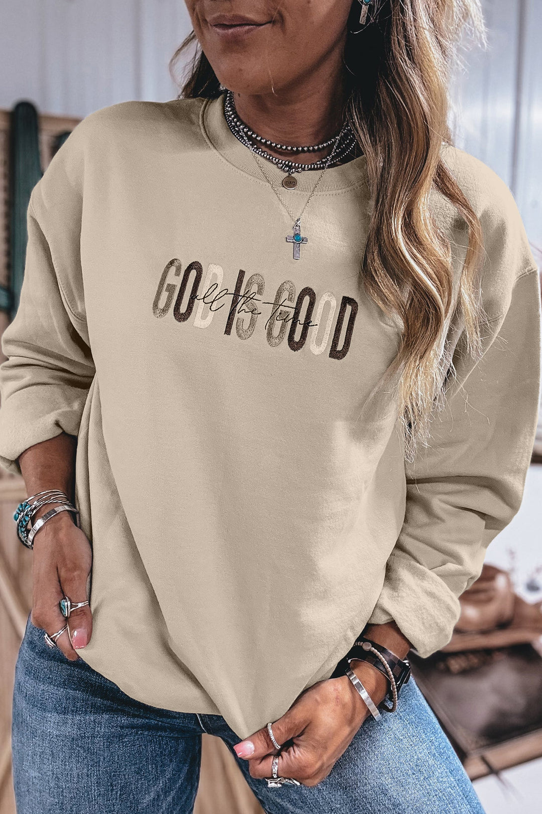Jet Stream GOD IS GOOD Western Embroidered Letter Crewneck Pullover Sweatshirt