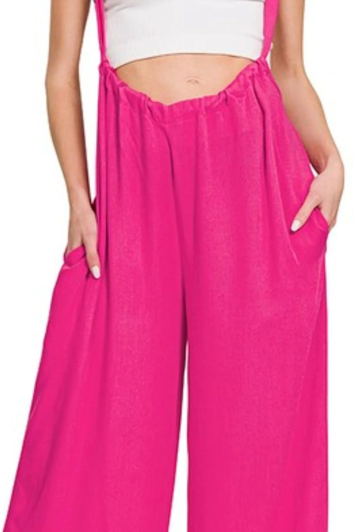 Zenana Woven Tie Back Suspender Jumpsuit