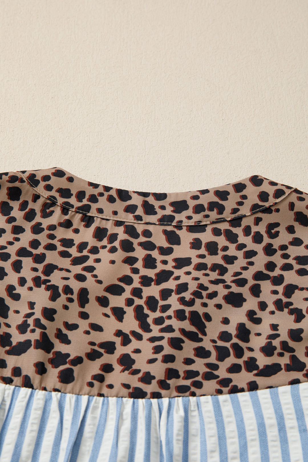 Sky Blue Stripe Leopard Trim V Neck Button Down Half Sleeve Shirt