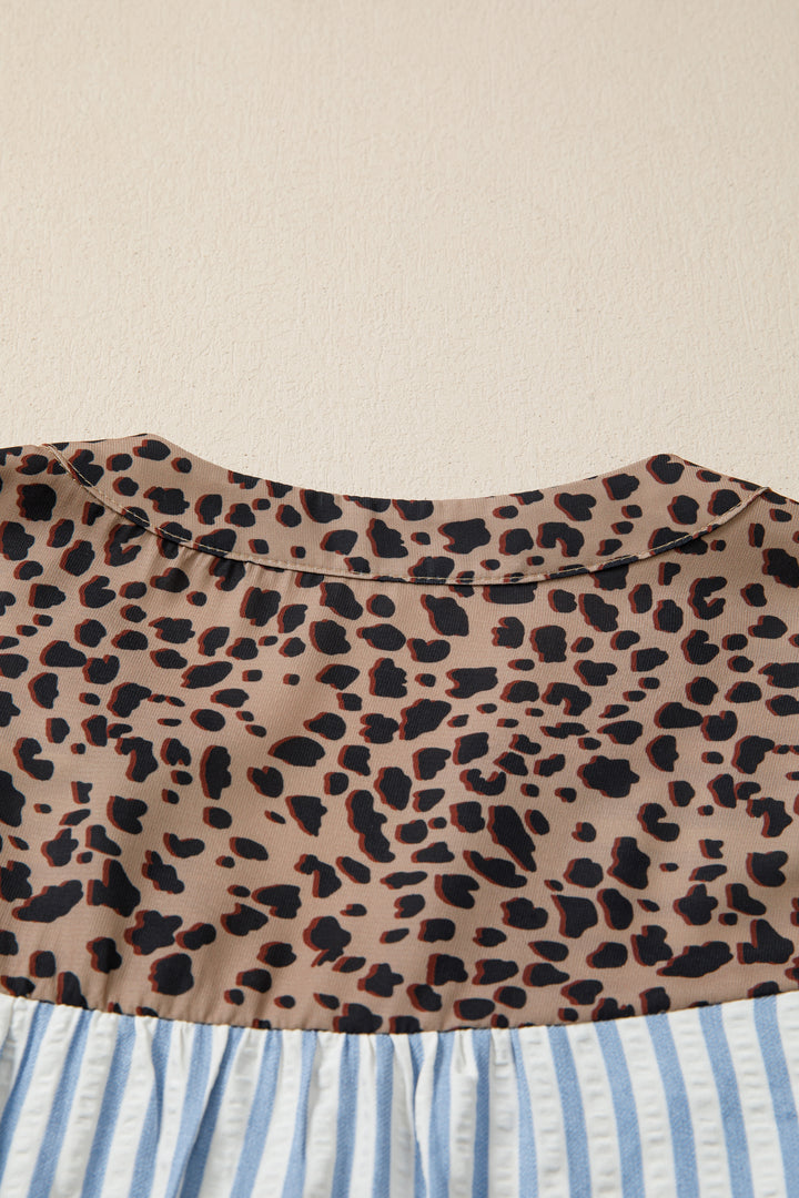 Sky Blue Stripe Leopard Trim V Neck Button Down Half Sleeve Shirt