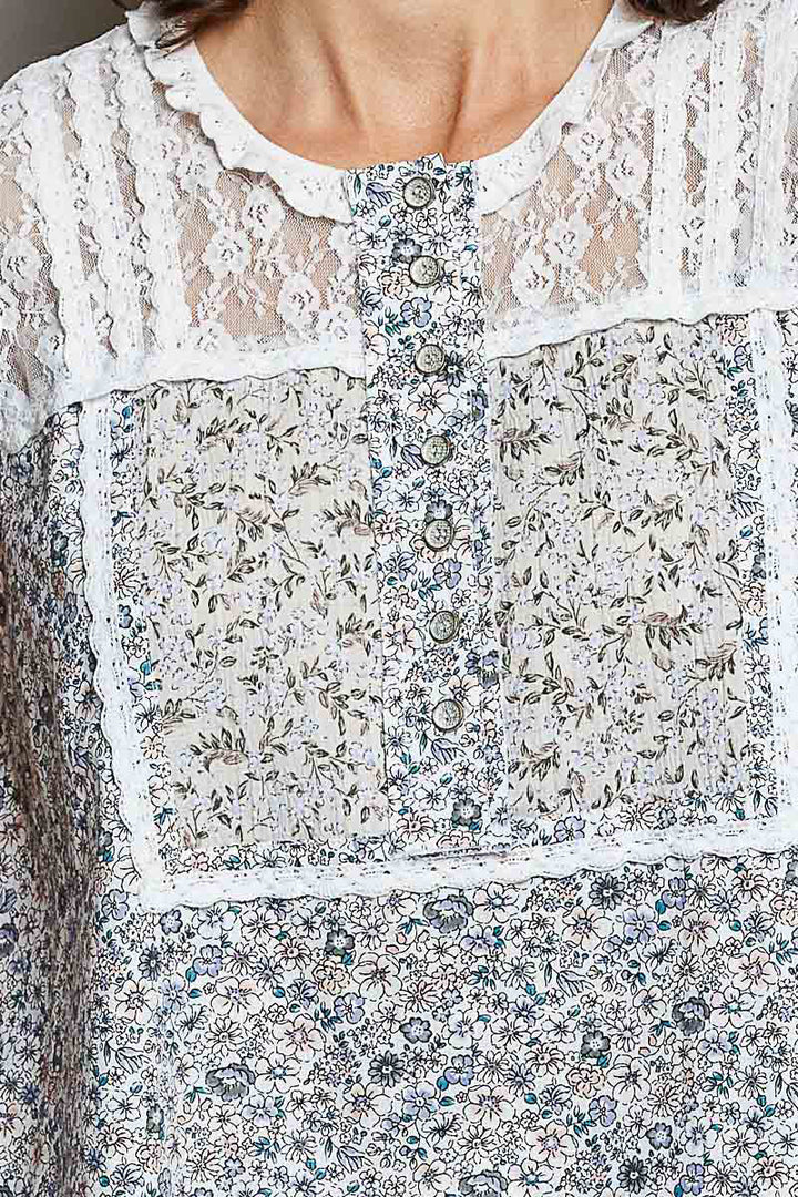 POL Printed Woven Lace Back Round Neck Sleeveless Top