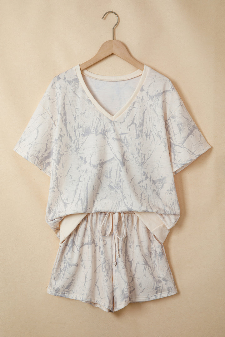 Khaki Abstract Print V Neck Loose Tee Drawstring Shorts 2pcs Outfit