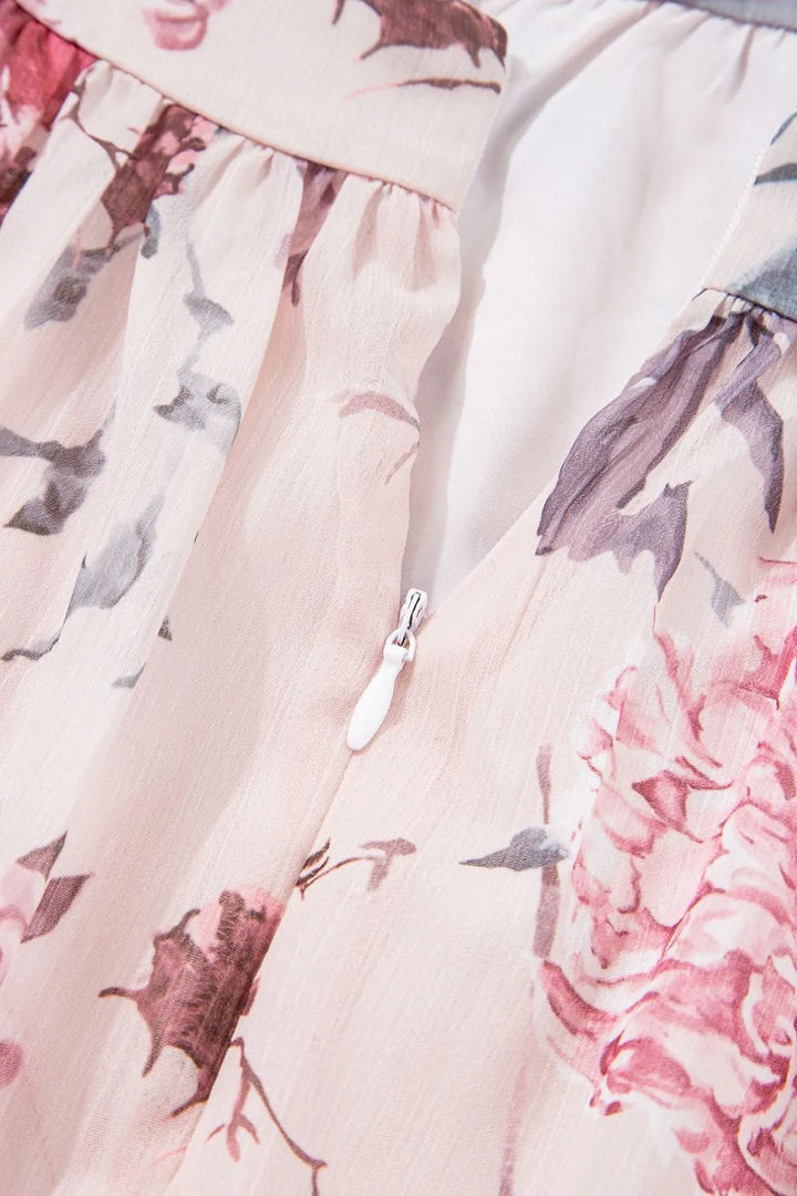 Floral Pleated Deep V Backless Maxi Dress