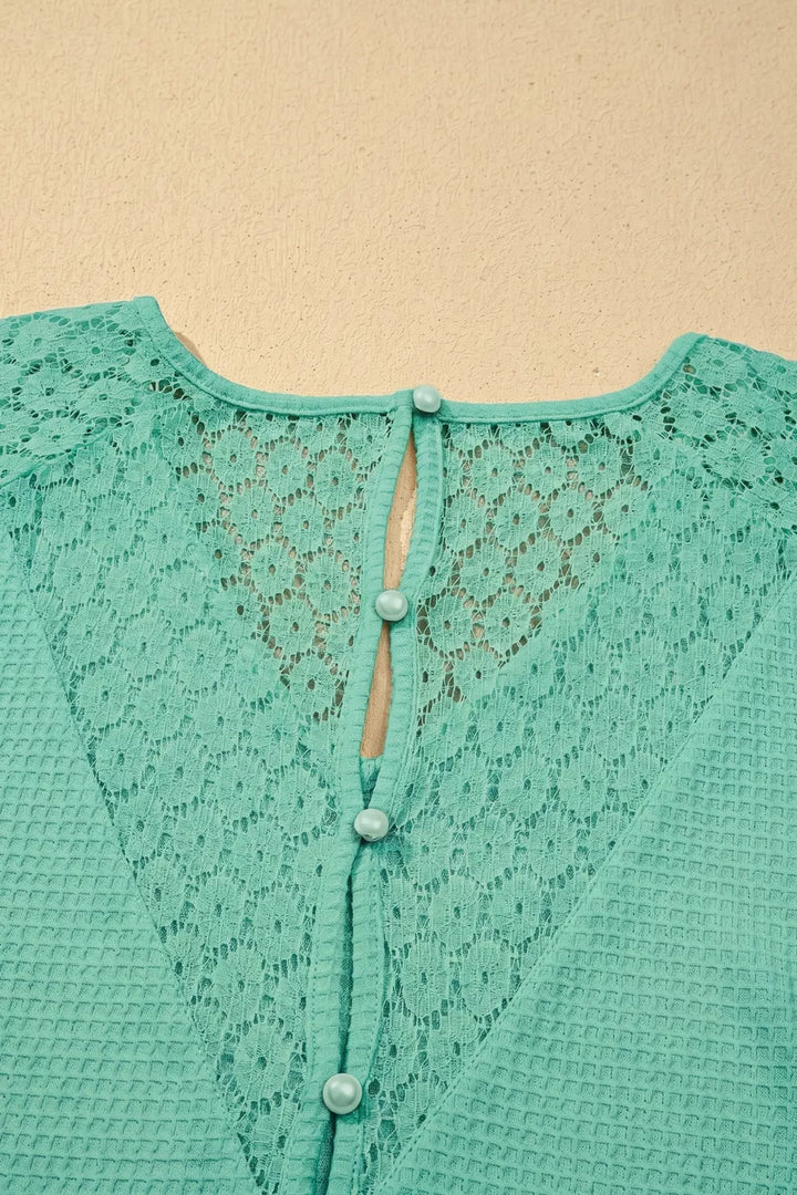 Lace Splicing Button Cutout V Neck Waffle Knit Blouse