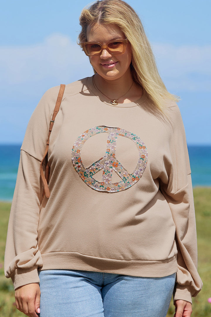 Sweat-shirt grande taille en tissu éponge délavé kaki pâle à motif floral et signe de paix