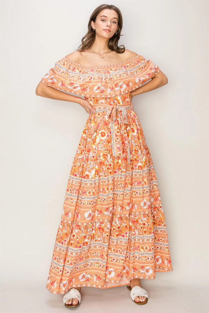 HYFVE Floral Off-Shoulder Tie Front Maxi Dress