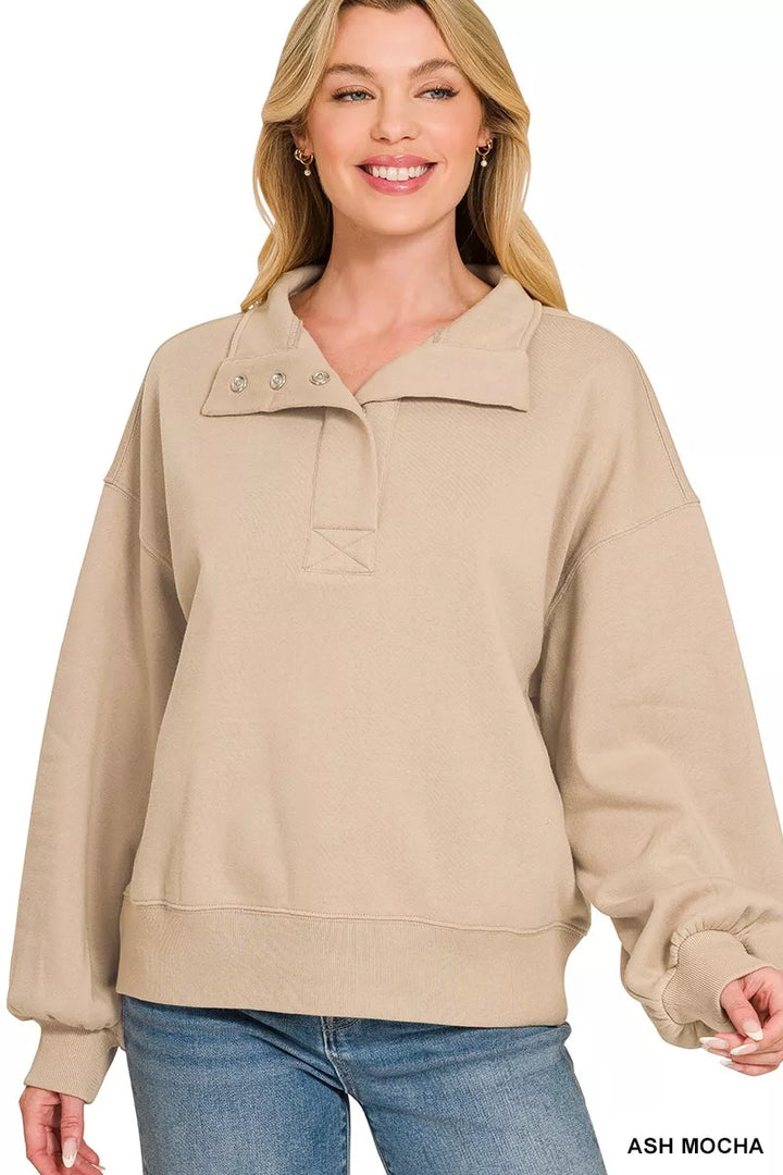 Zenana Fleece Half Snap Button Sweatshirt