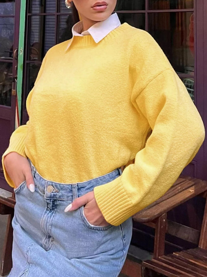 Ribbed Round Neck Dropped Shoulder Sweater