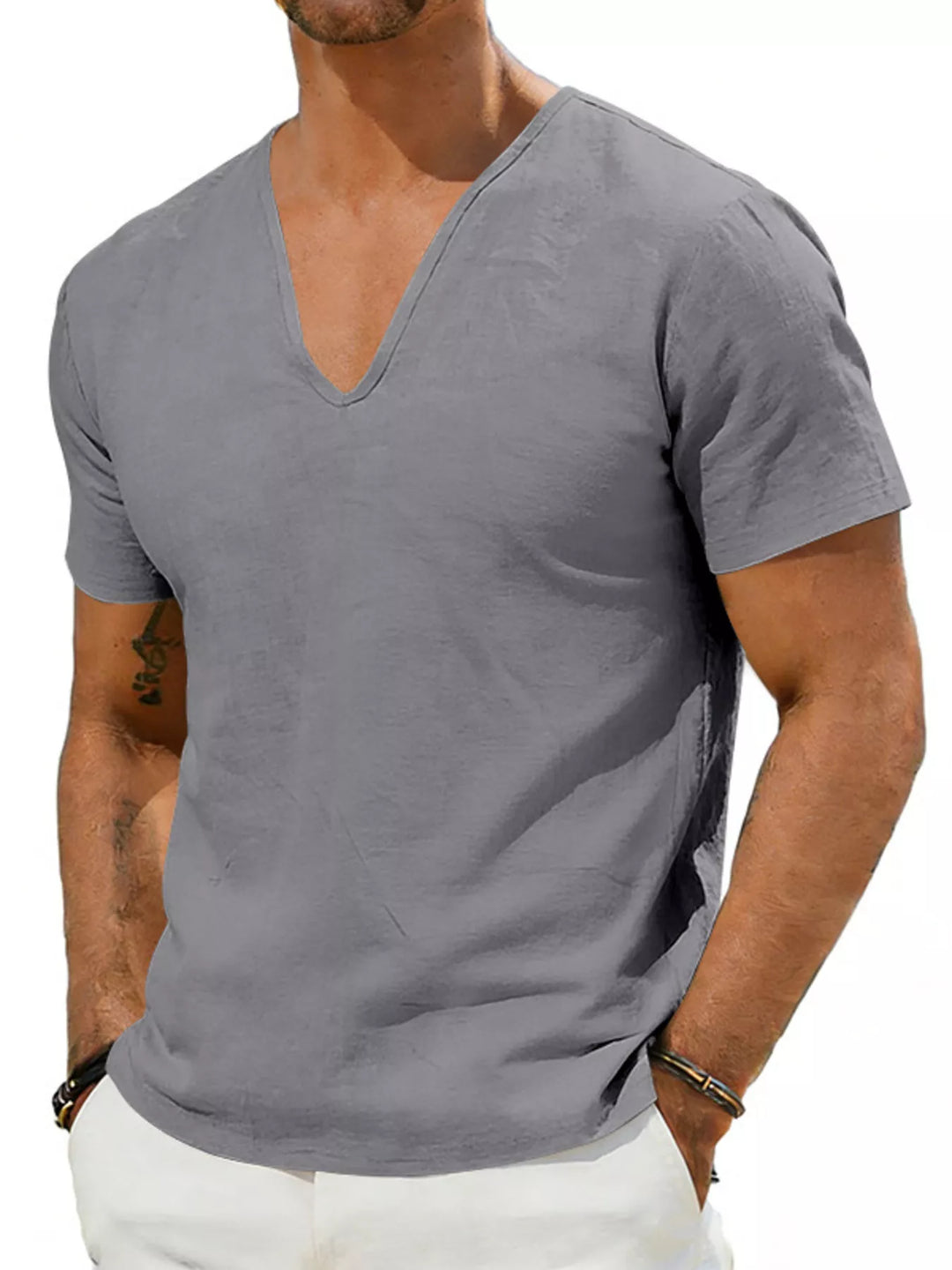 Men's Full Size Casual V-Neck Linen T-Shirt Plus Size