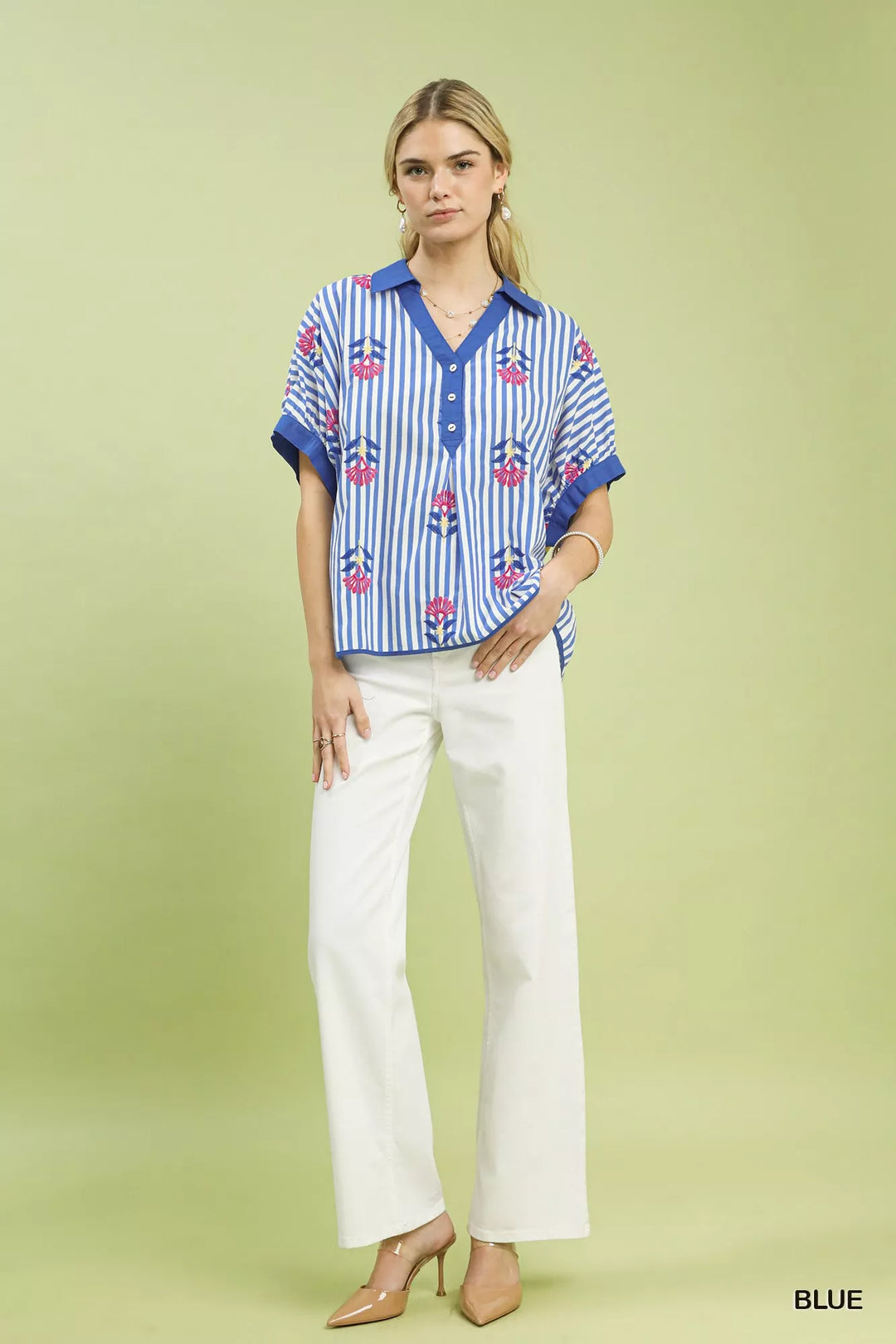 Umgee Stripe Embroidered Button-Front Boho Blouse
