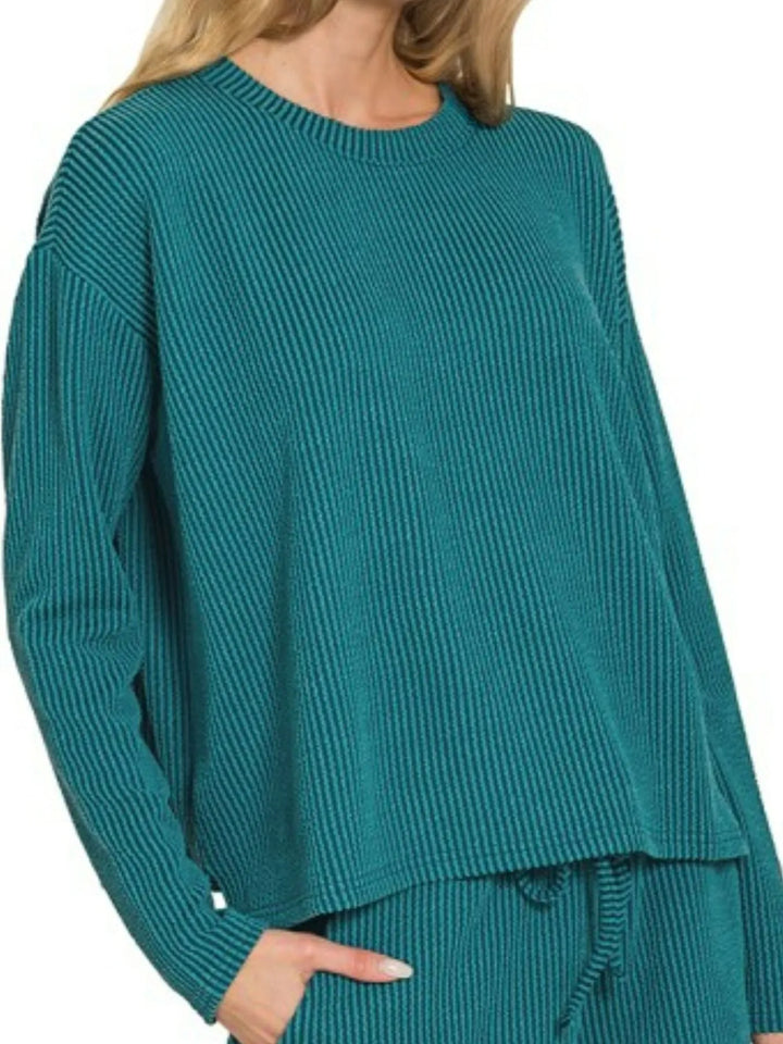 Zenana Corded Rib Long Sleeve Tee and Shorts Set
