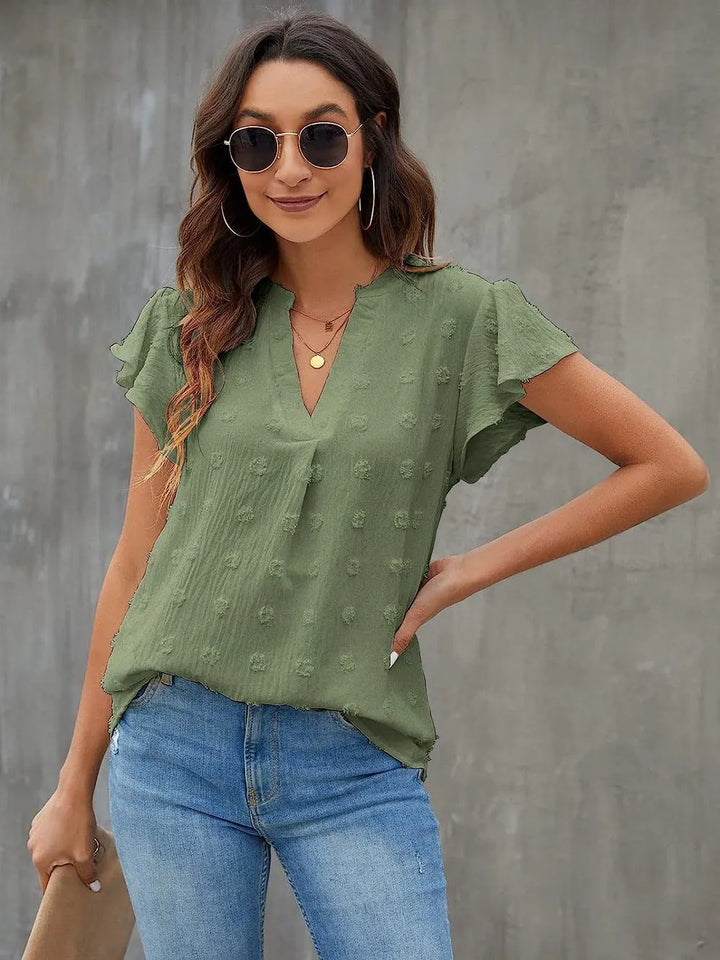 Swiss Dot Notched Cap Sleeve Blouse