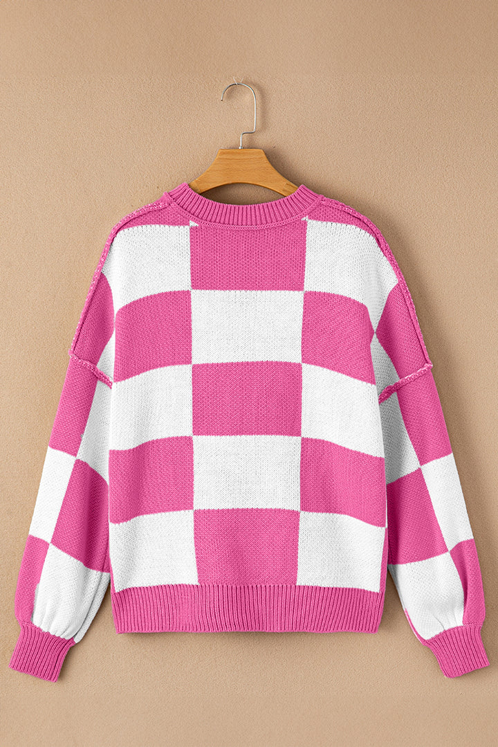 Rose Checkered Bishop Sleeve Sweater