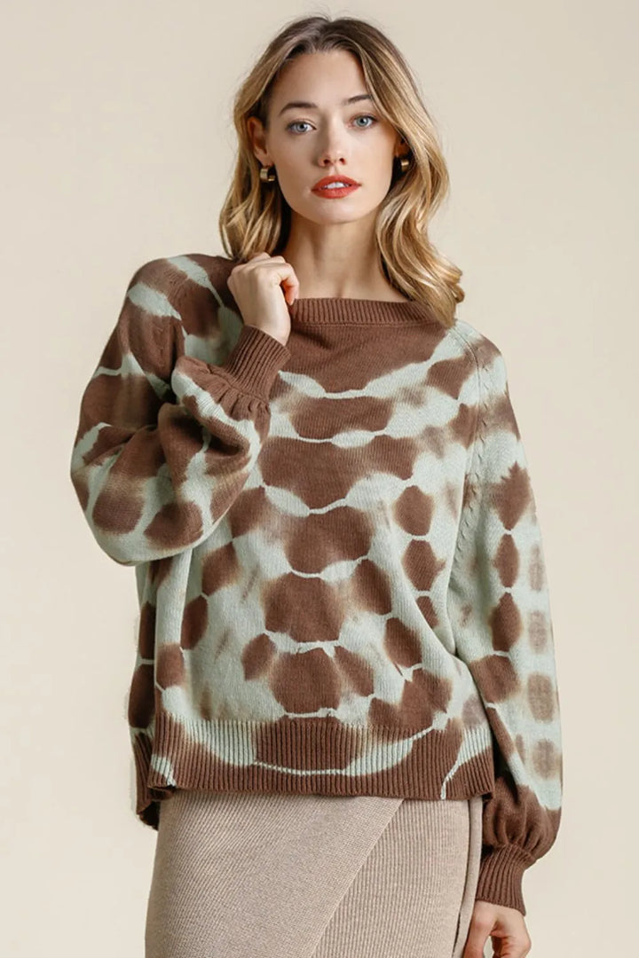 Umgee Full Size Ribbed Hem Tie Dye Round Neck Sweater Plus Size