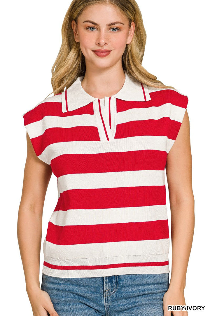 Zenana Viscose Striped Collared Sweater Vest