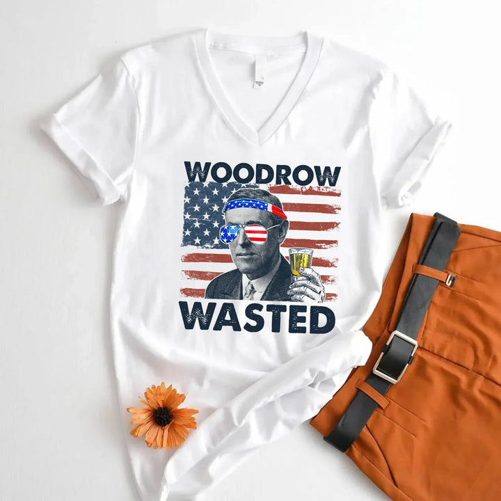 Woodrow Wasted 4th of July Unisex V-Neck Shirt – Wilson Patriotic Drinking T-Shirt