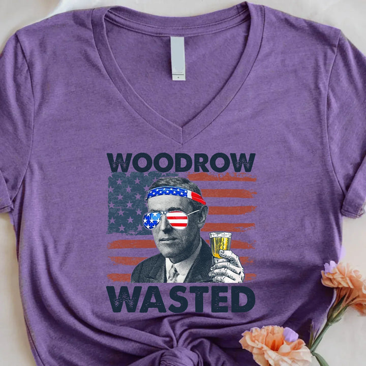 Woodrow Wasted 4th of July Unisex V-Neck Shirt – Wilson Patriotic Drinking T-Shirt