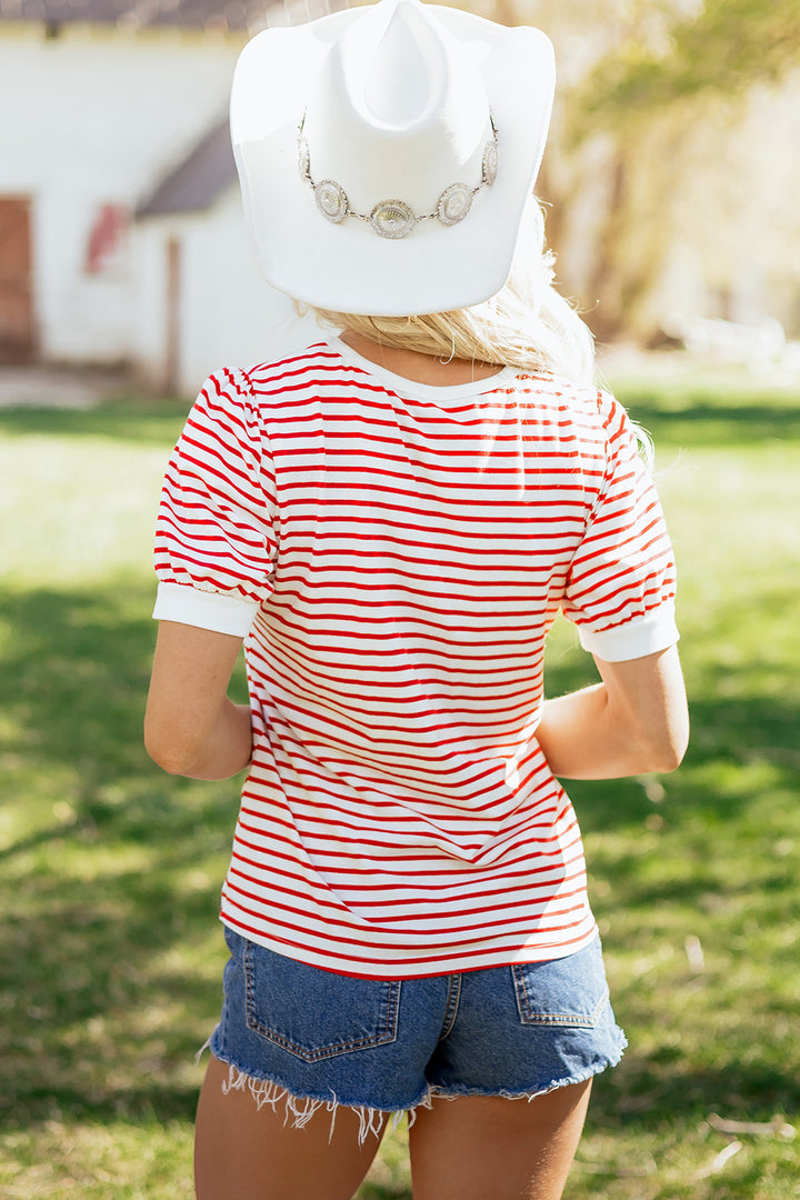 Red Stripe Contrast Trim Round Neck Short Puff Sleeve T Shirt