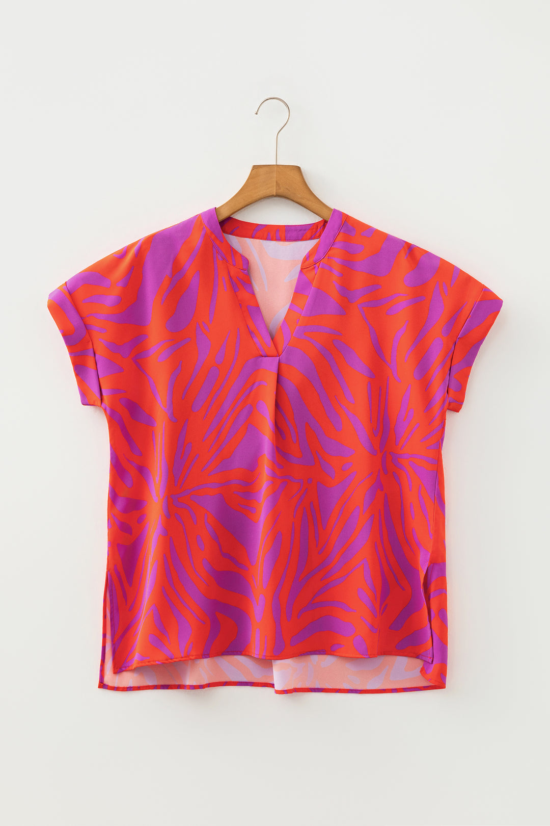 Multicolour Abstract Print V Neck Cuffed Short Sleeve Shift Slit Blouse