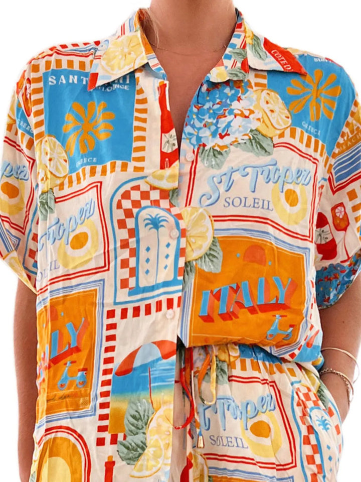 Printed Button Up Shirt and Shorts Set