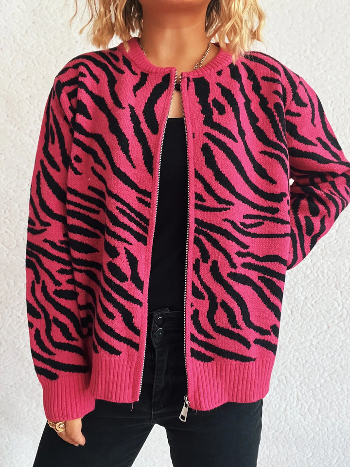Zebra Print Zip Up Cardigan