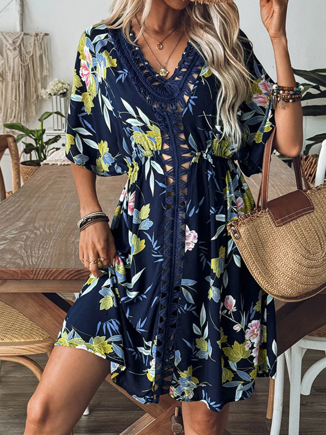 Crochet Front V-Neck Printed Cover-Up