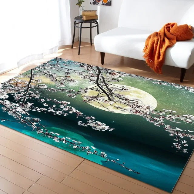 Pastel Cherry Blossom And Crescent Moon Non-Slip Flannel Floor Mat Home Rug Decoration