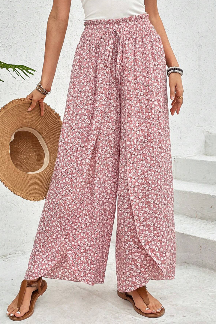 Pantalon taille haute à smocks et jambes larges à imprimé bohème rose