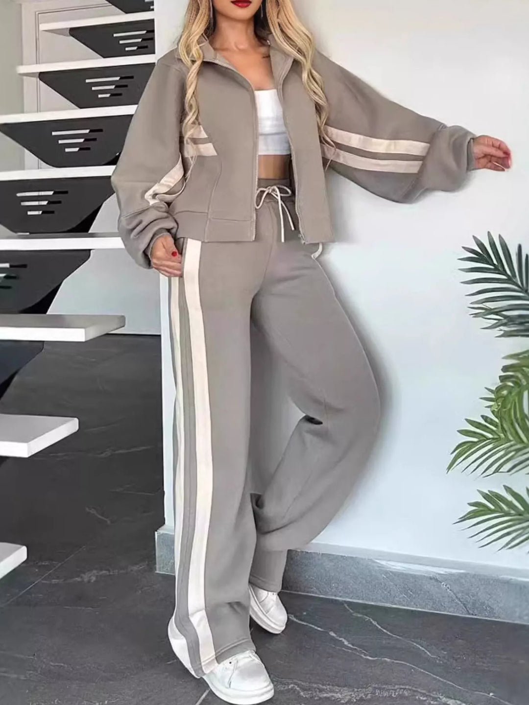 Full Size Striped Zip Up Outerwear and Pants Set Plus Size