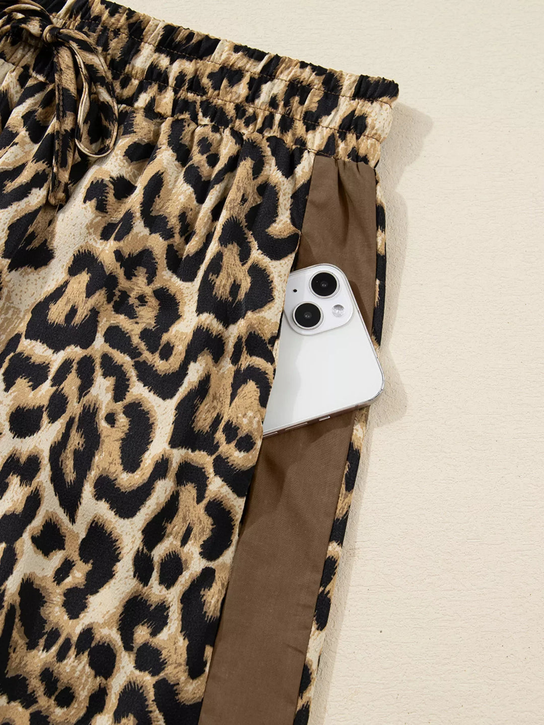 Leopard Collared 3/4 Sleeve Shirt and Loose Pants Two Piece Outfit Set