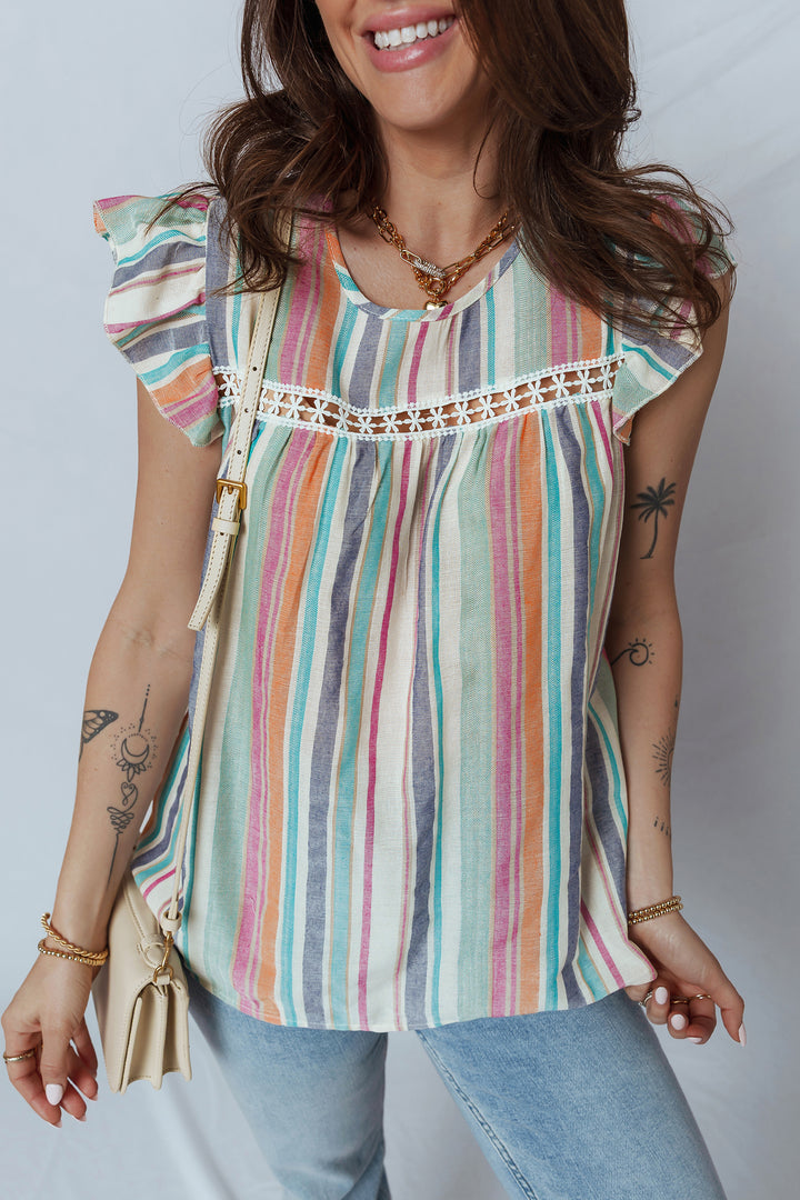 Light Blue Lace Hollow-out Insert Flutter Sleeve Striped Blouse