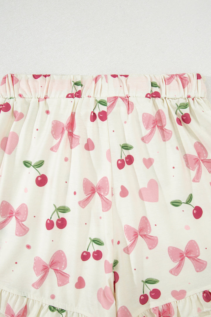 Beige Bow Fruit Print Contrast Pipping Short Pajamas Set