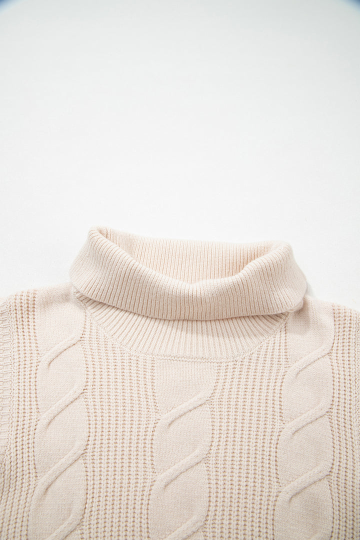 Jet Stream Cable Knit Turtleneck Ruffled Short Sleeve Sweater