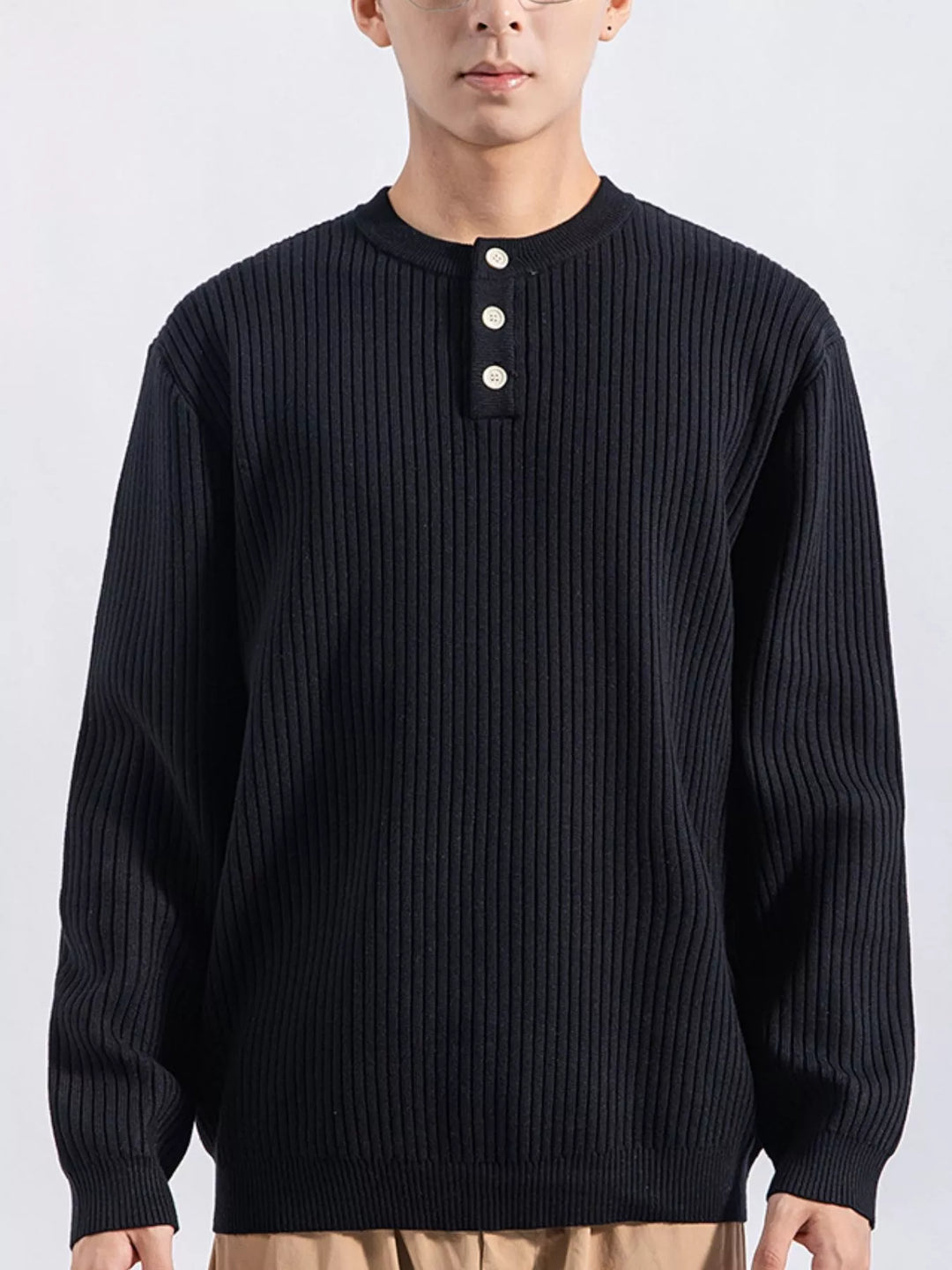 Men's Plus Size Ribbed Button Detail Knit Top